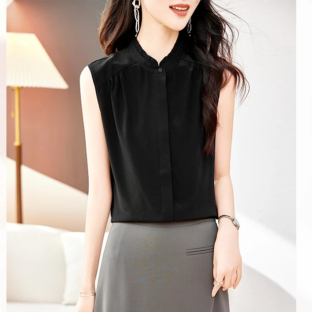 大码重磅真丝双绉衬衫女2025夏季新款无袖纯色内搭桑蚕丝打底上衣