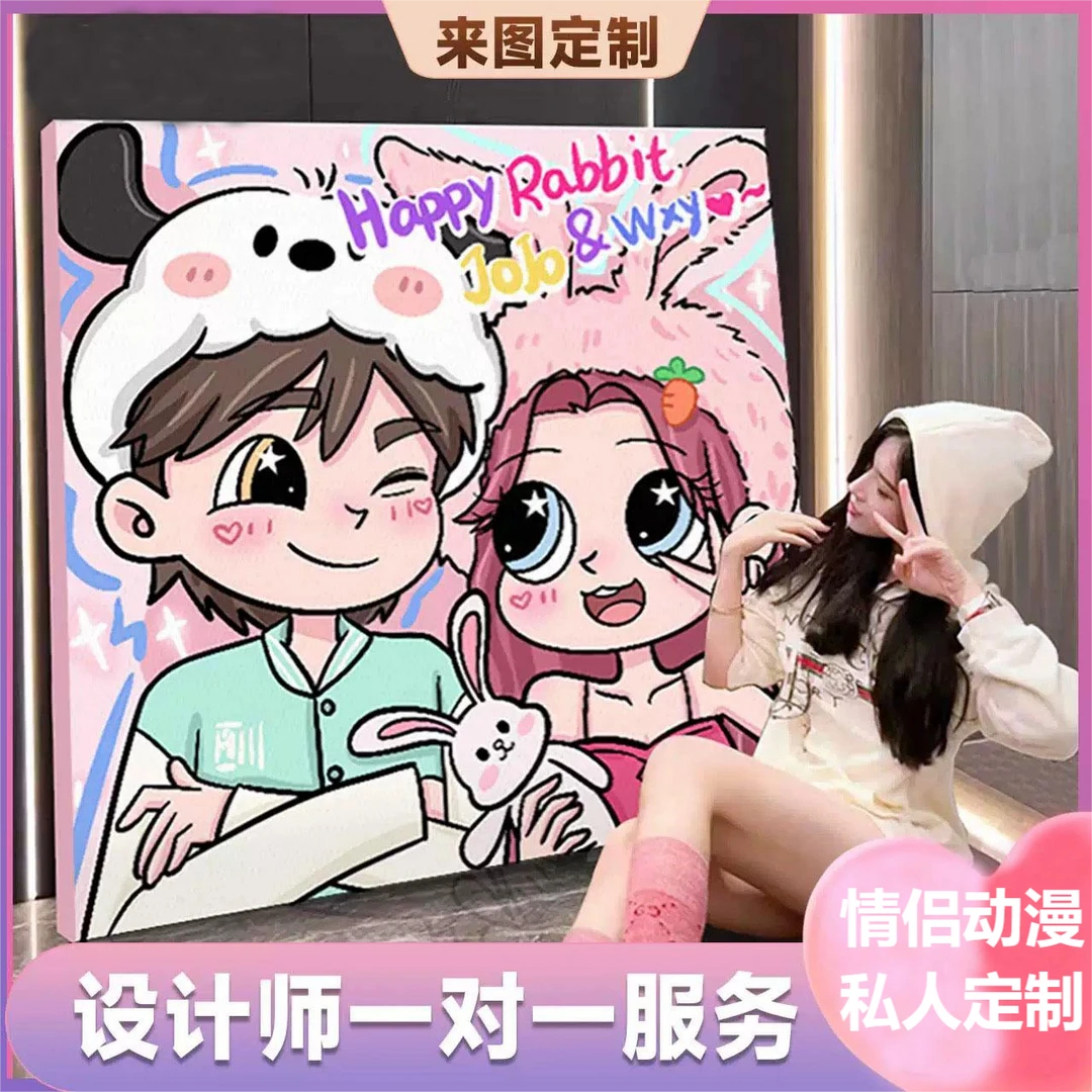 星蝶风装饰手绘画动漫设计情侣画像定制卡通专属头像色彩实物背景