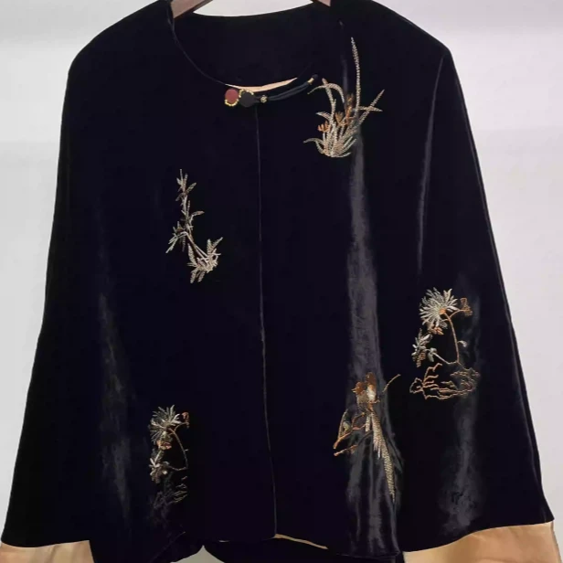 陈 新中式风 植绒黑色衬衫 23702-1