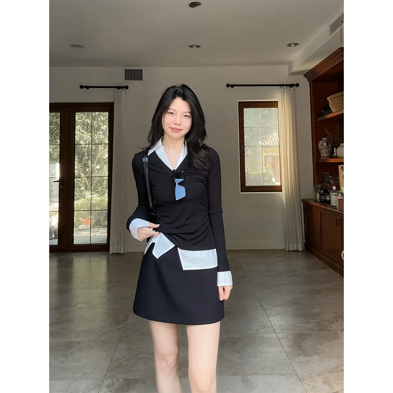 郭九九呢 气质修身显瘦假两件拼接上衣t恤高腰a字半裙 G925Z14454