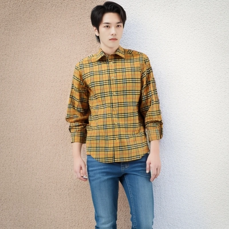 99新 BURBERRY/博柏利 11884859 经典格纹翻领衬衫 卡其色 M码