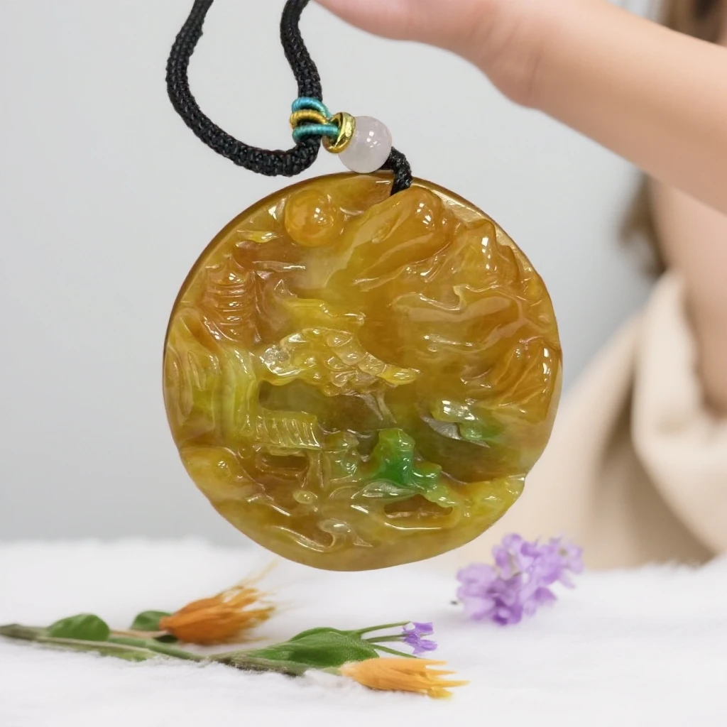 【大喜】黄绿雕刻山水牌吊坠KSU/WD2515精致吊坠女士多样性发一