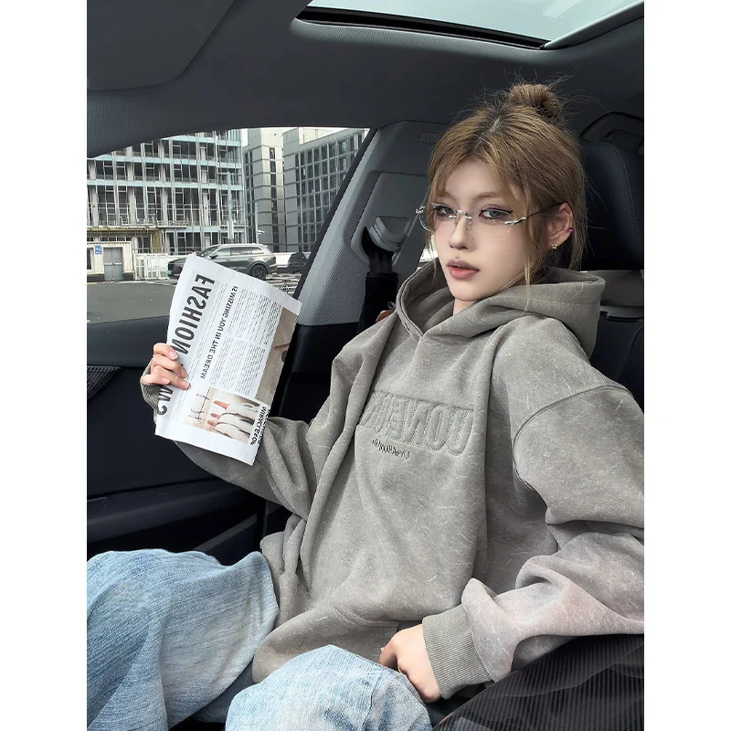 美式重磅茶绿色钢印连帽卫衣男2025秋冬新款复古宽松做旧痞帅帽衫