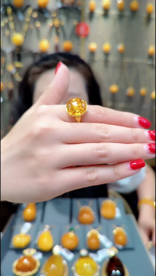 【闪购商品】琥珀戒指银S925镀金镶嵌A014琥珀戒指