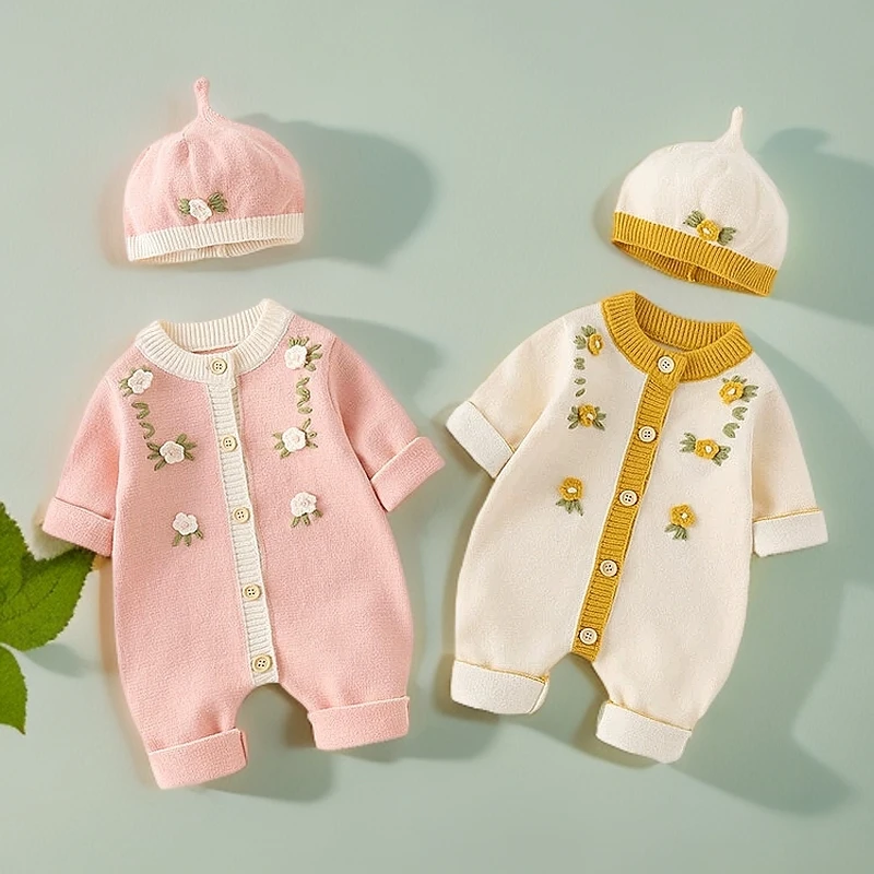 婴儿春秋毛衣宝宝针织衫连体衣女宝宝公主线衣单层花花可爱爬服