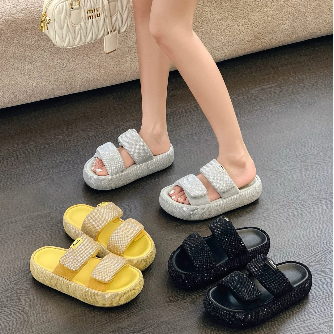 纯色休闲中跟水钻一字型时装凉鞋百搭外穿平底防滑凉拖鞋露趾