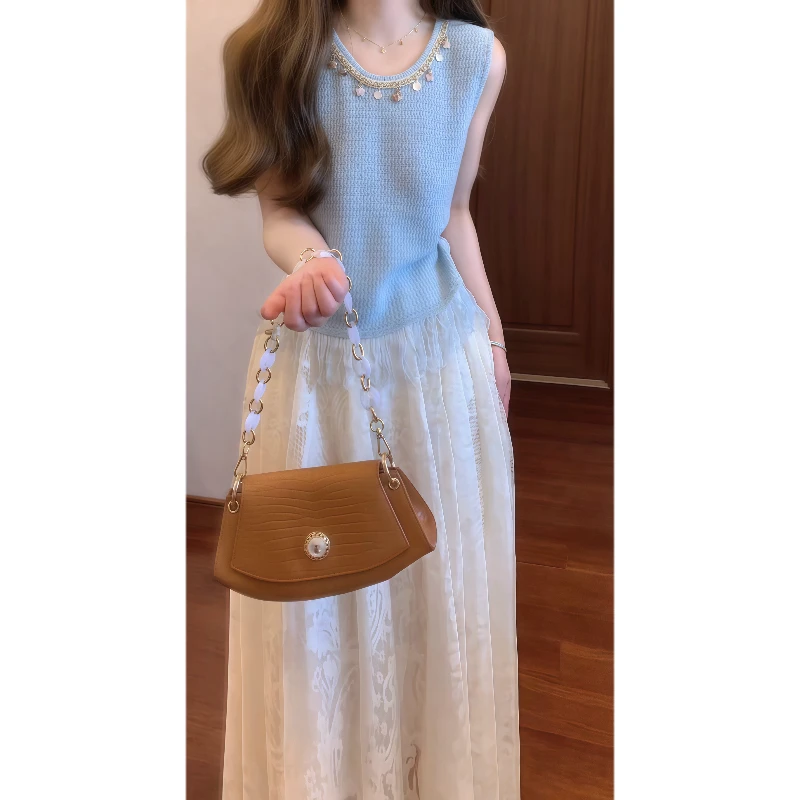 法式温柔流苏针织无袖上衣+米白色蕾丝半裙两件套气质套装裙9516