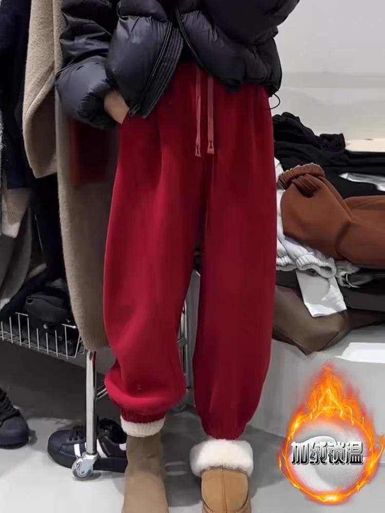 灰色阔腿休闲裤女加绒卫裤秋冬新款大码梨型身材遮胯慵懒束脚裤