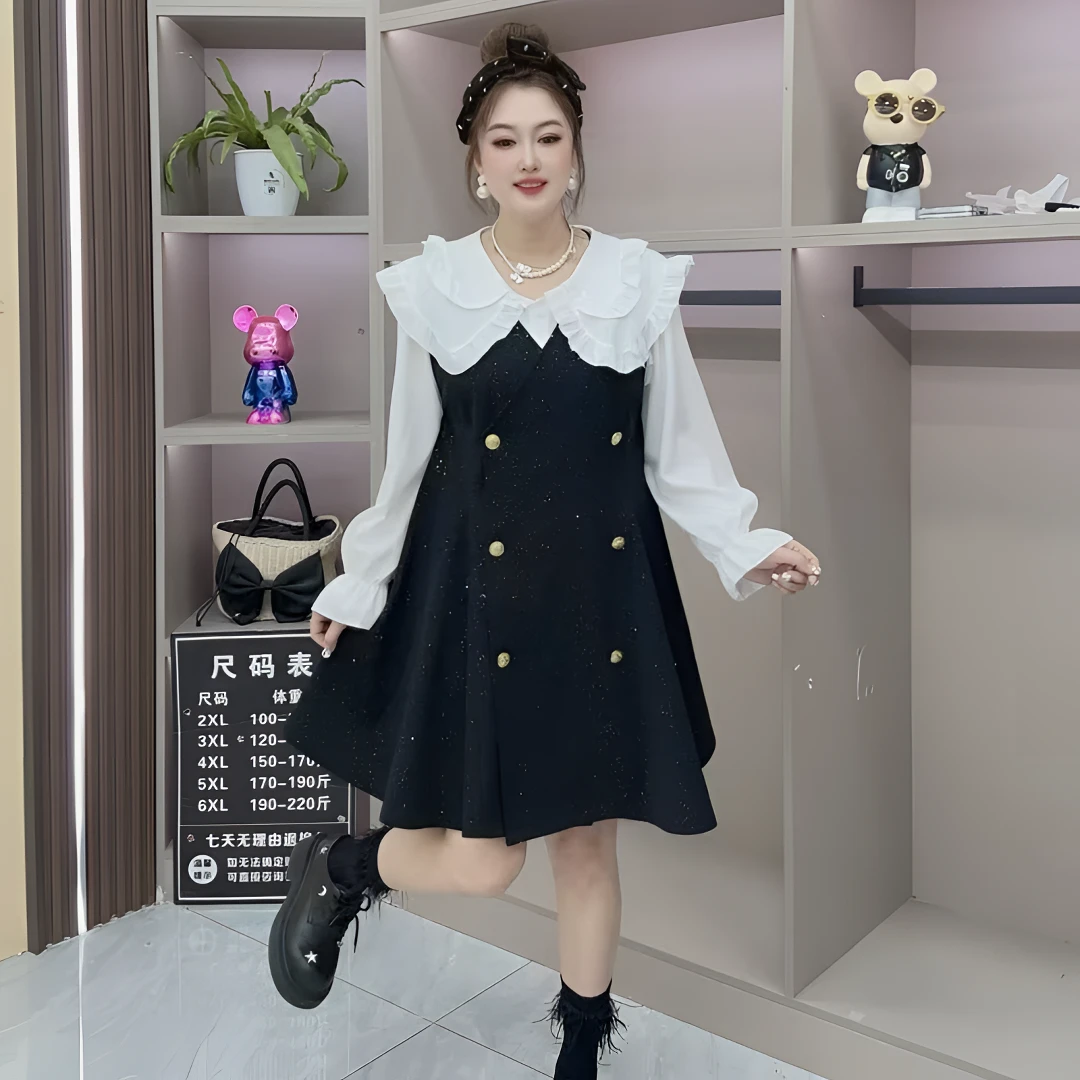 138大码马甲连衣裙衬衫娃娃领套装长袖气质穿搭甜美减龄