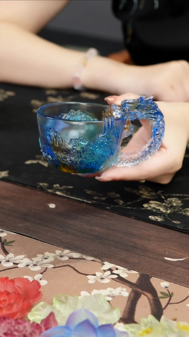 琉璃手工艺品蓝色龙杯