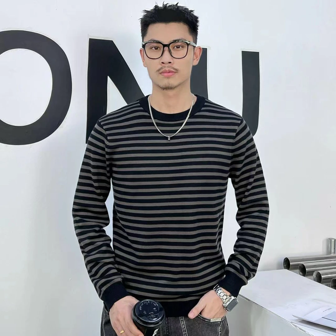 2025春秋男士高端时尚条纹圆领针织潮流修身休闲帅气百搭韩版长袖