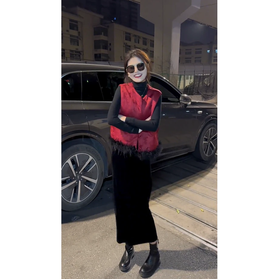 入秋一整套女装2024新款中国风撞色拼接显瘦外套开叉半身裙两件套