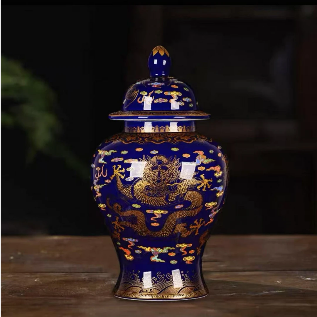 霁蓝龙纹陶瓷将军罐