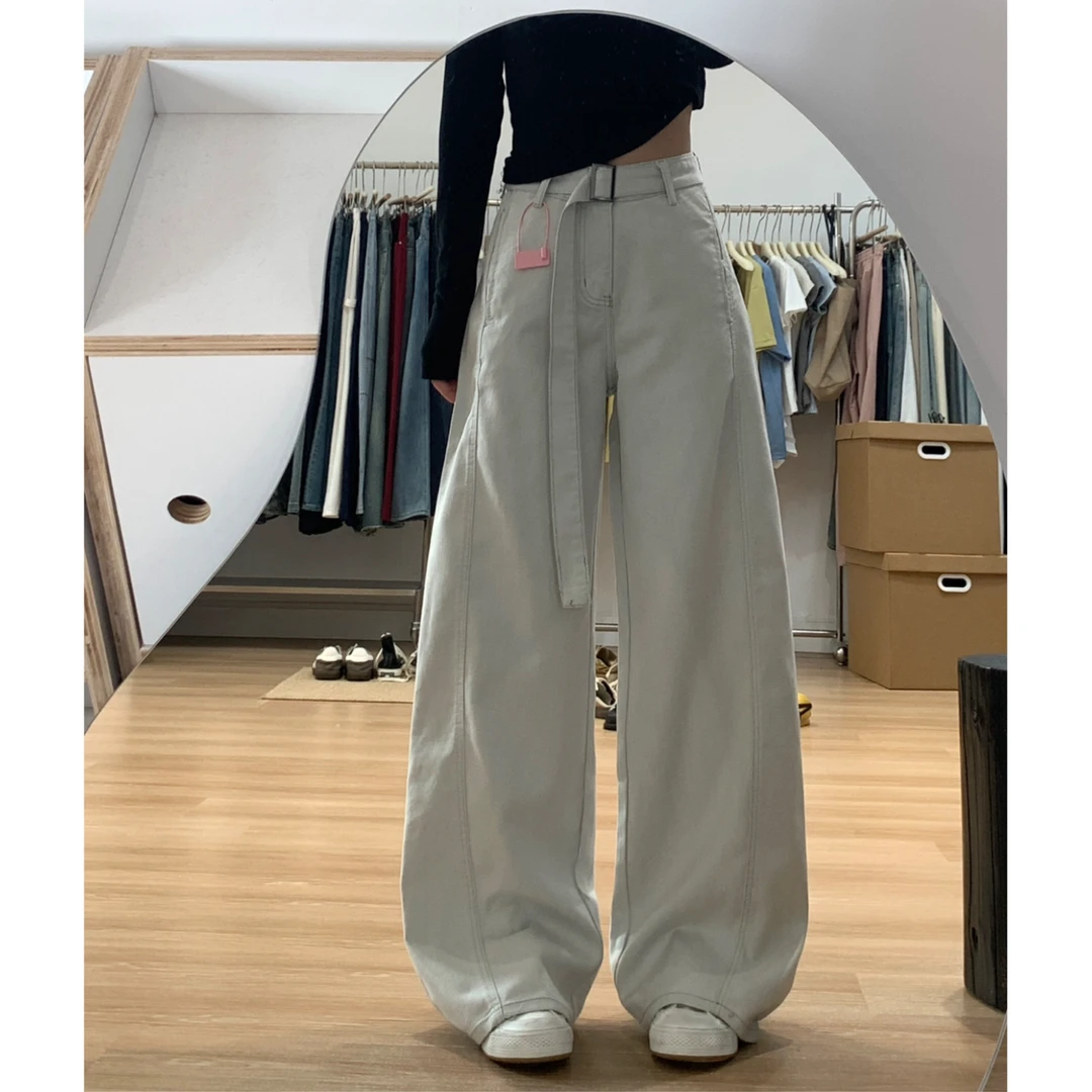 2025春装休闲直筒裤牛仔裤女显瘦高腰百搭小众设计感阔腿拖地长裤