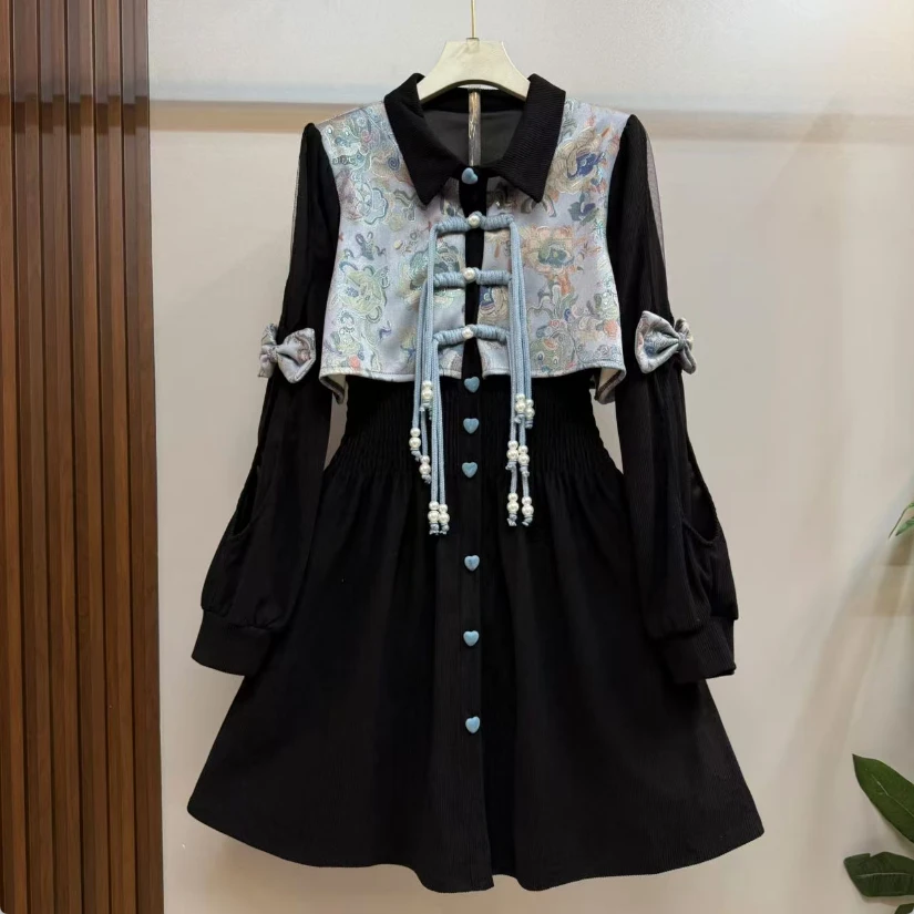 新款大码时尚气质国风流苏盘扣设计假两件显瘦减龄松紧腰连衣裙