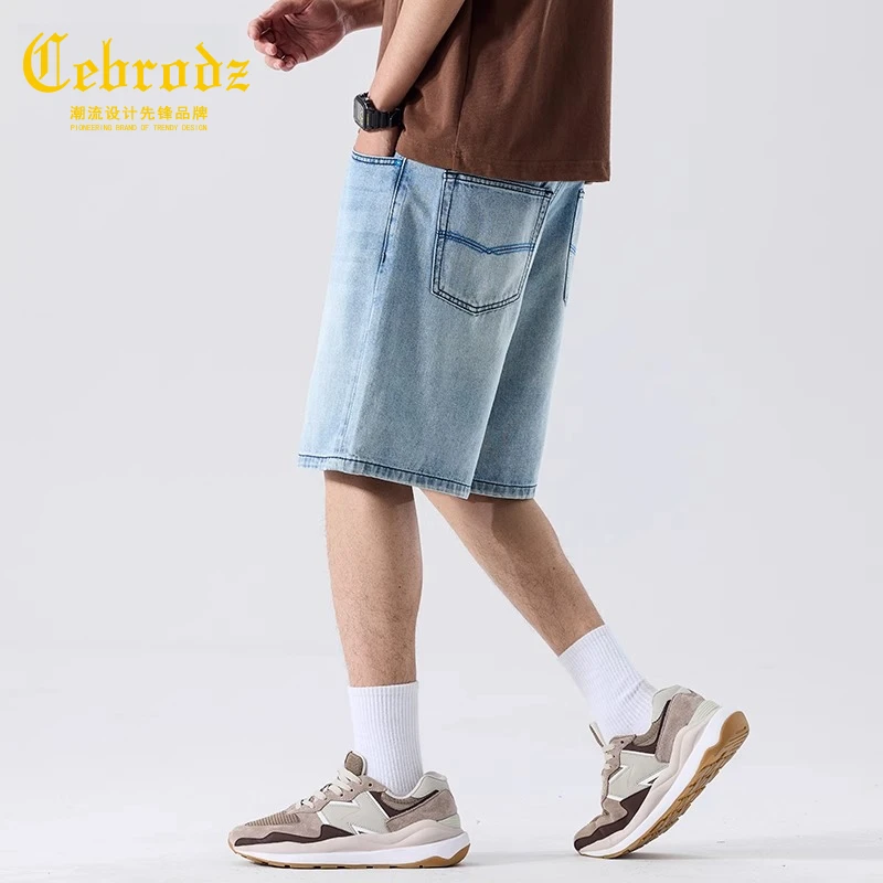 法国Cebrodz莱赛尔棉夏季浅蓝牛仔短裤男宽松直筒百搭柔软五分裤