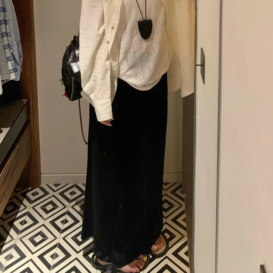 开衩半身裙松紧腰2025夏季新款韩版基础设计纯色气质休闲中长裙N