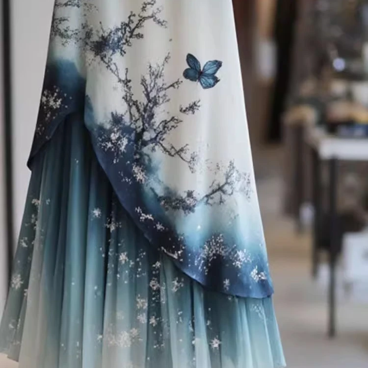 韩国时尚复古高端轻奢水墨印花半身裙女高腰显瘦垂感带蝴蝶a字裙