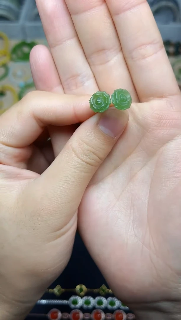 和田玉银S925镶嵌耳饰玫瑰花耳钉06