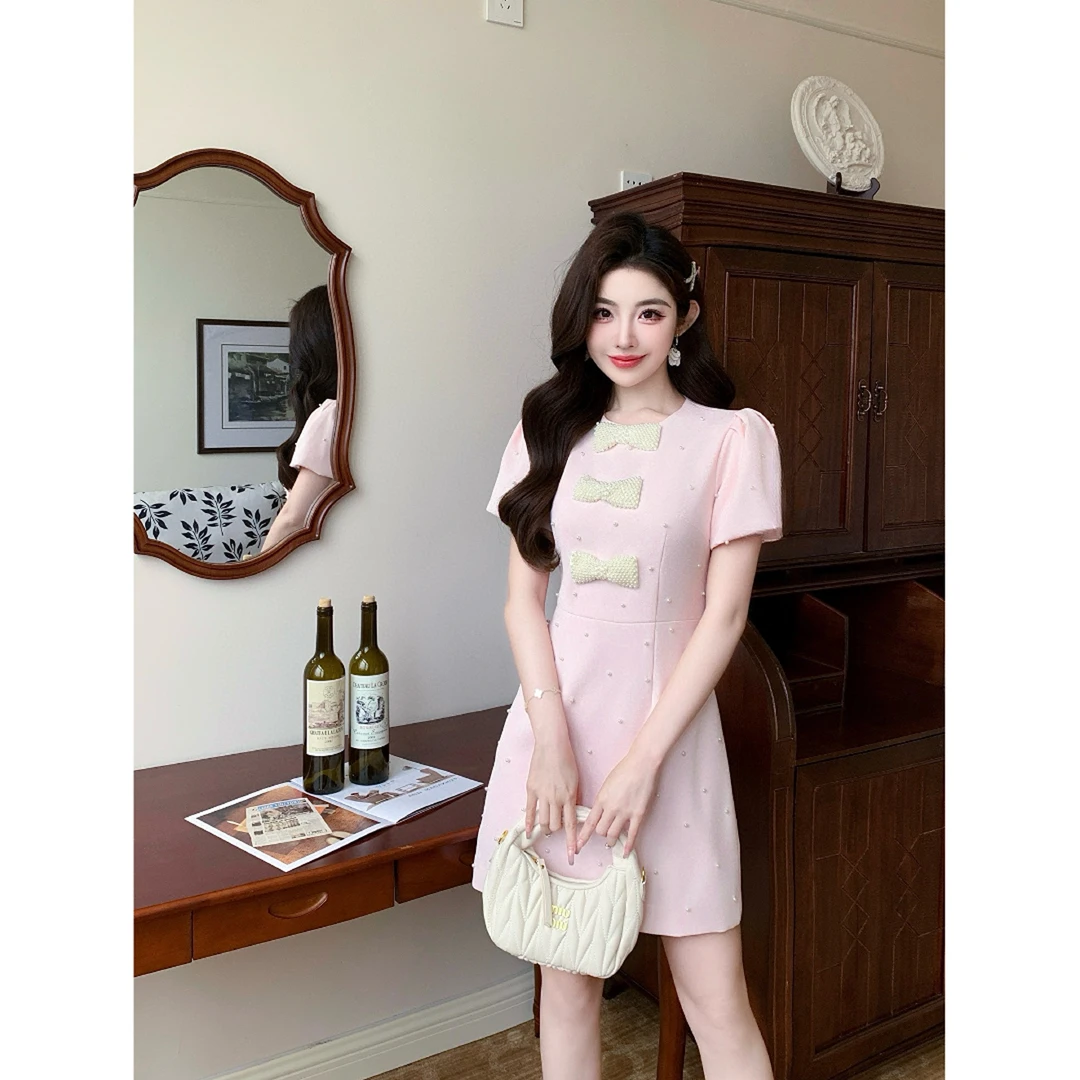 【蹦蹦】大码女装夏季约会聚会洋气减龄重工蝴蝶结钉珠连衣裙12065