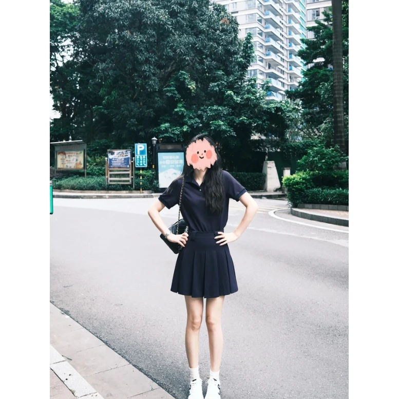 2025夏季新款韩系时尚气质学院风Polo领短袖上衣a字百褶裙两件套