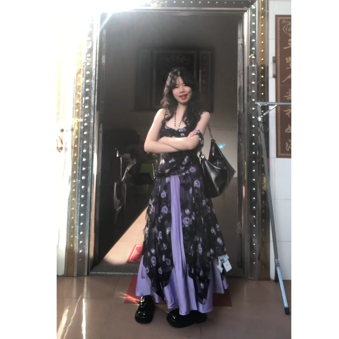 法式气质新款复古碎花不规则吊带连衣裙高腰显瘦百褶半身裙套装