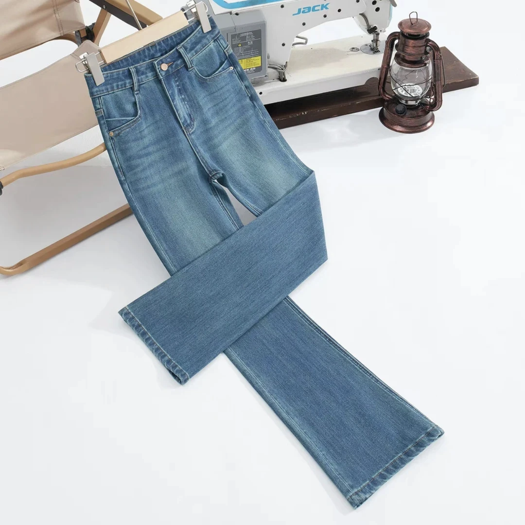 2025年春季新款修身显瘦中高腰四面弹高弹冰雾蓝微喇裤时尚百搭