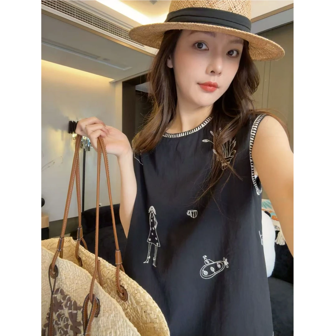 AILUO/艾珞现货芝芝【暗夜绘影】全棉减龄刺绣重工显瘦无袖连衣裙