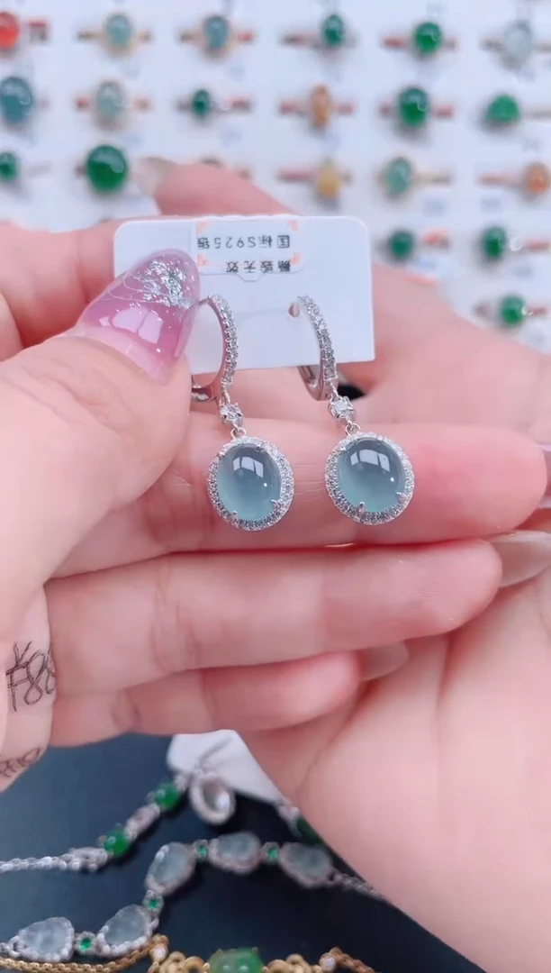 银S925镶嵌翡翠耳饰天然翡翠