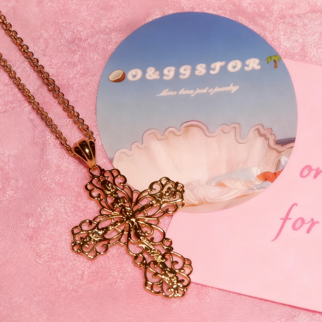 纯铜项链 OGGEMS镂空花纹立体雕花十字·金密织链柔闪细链项链