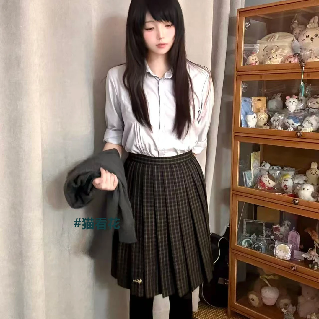 猫看花原创 秋郁格裙TR面料黄色秋冬小细格校供感百褶裙jk裙制服