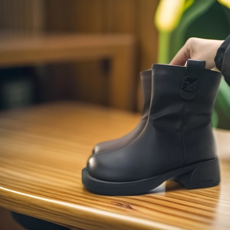 新款时尚女短靴百搭黑色真皮粗跟厚底英伦风秋冬圆头