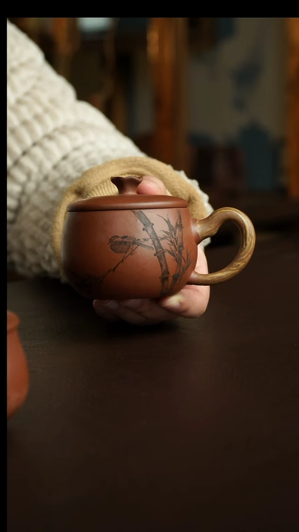 茶杯紫砂62号 李建军老师底槽清竹鸟盖杯  宜兴紫砂原矿作品