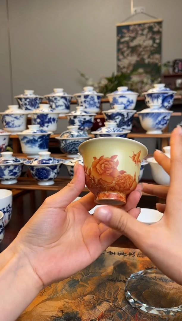 手工手绘蝶恋花闻香杯