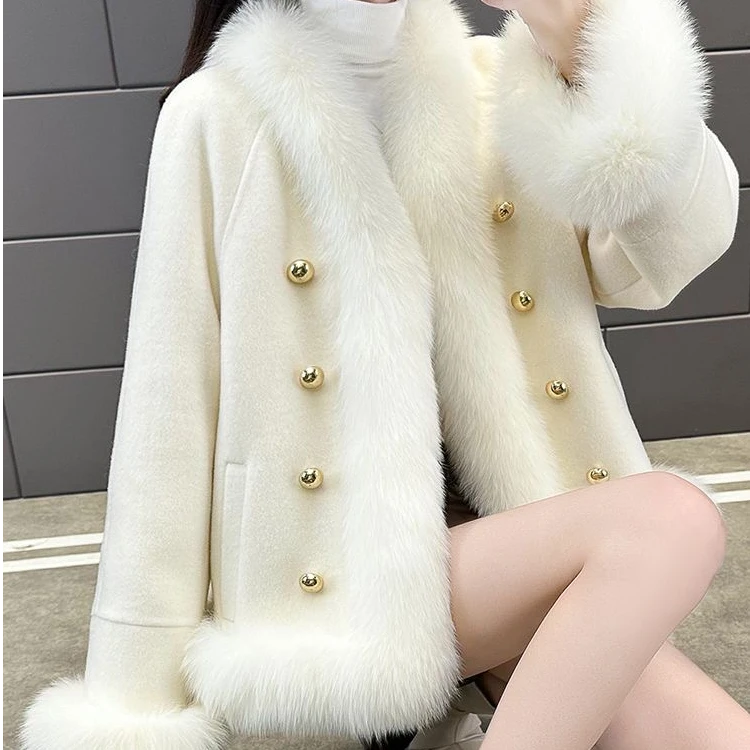 千语栀【松茶可可】双面呢年轻显瘦冬大衣短款白色加厚韩版仿狐狸毛