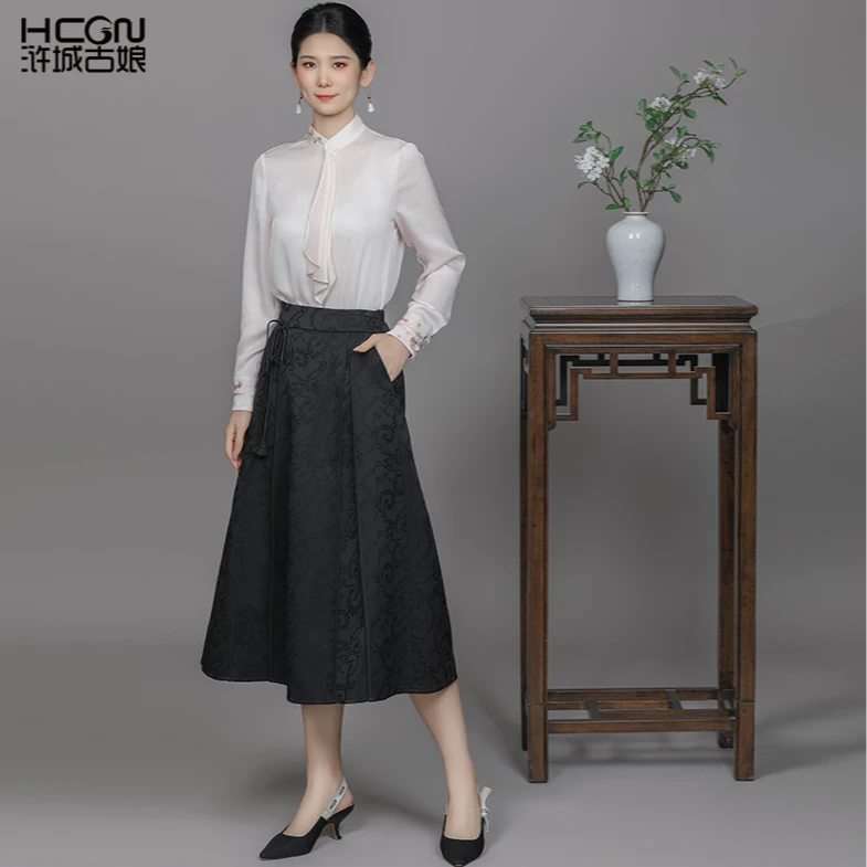 中国风A字显瘦百搭高腰纯色减龄中长款设计感显瘦半身裙WQ1225288