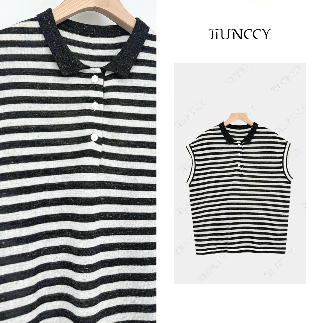 JIUNCCY【海岸】花纱条纹小翻领连肩袖Polo短袖针织上衣 52YZZ032