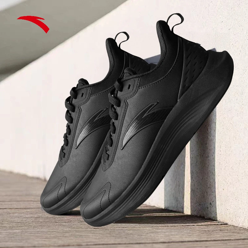 柔云秋冬皮面跑鞋防泼水时尚百搭休闲运动鞋低帮纯黑上班通勤