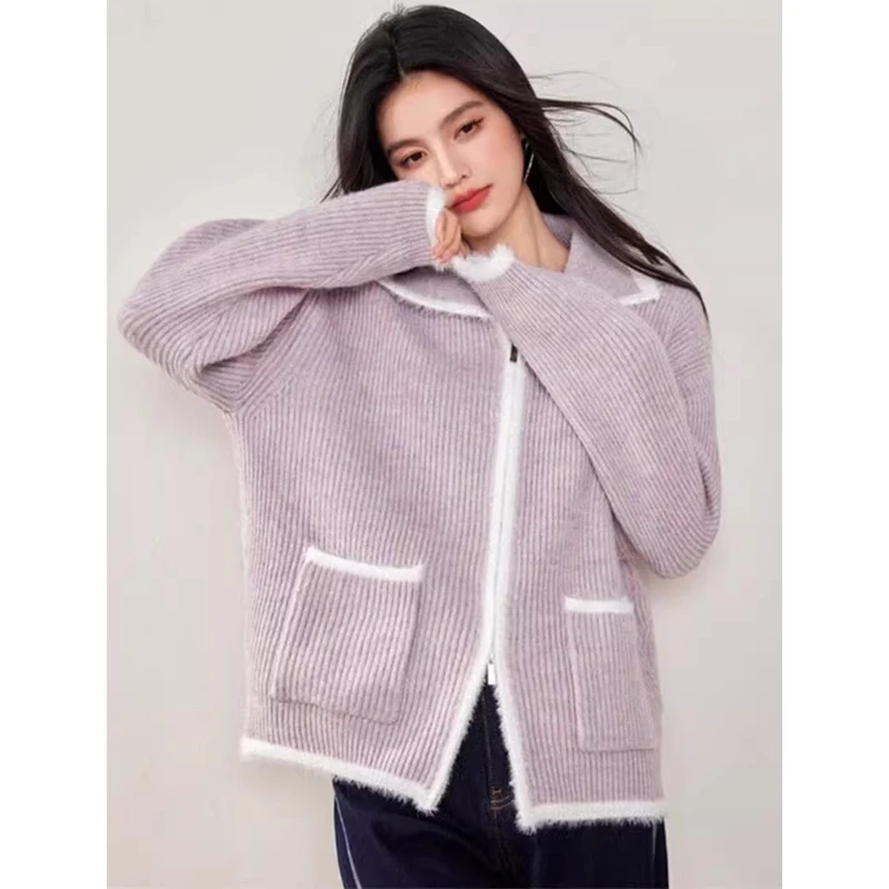 甜美紫色撞色翻领毛衣开衫秋冬宽松双拉链外套针织衫女