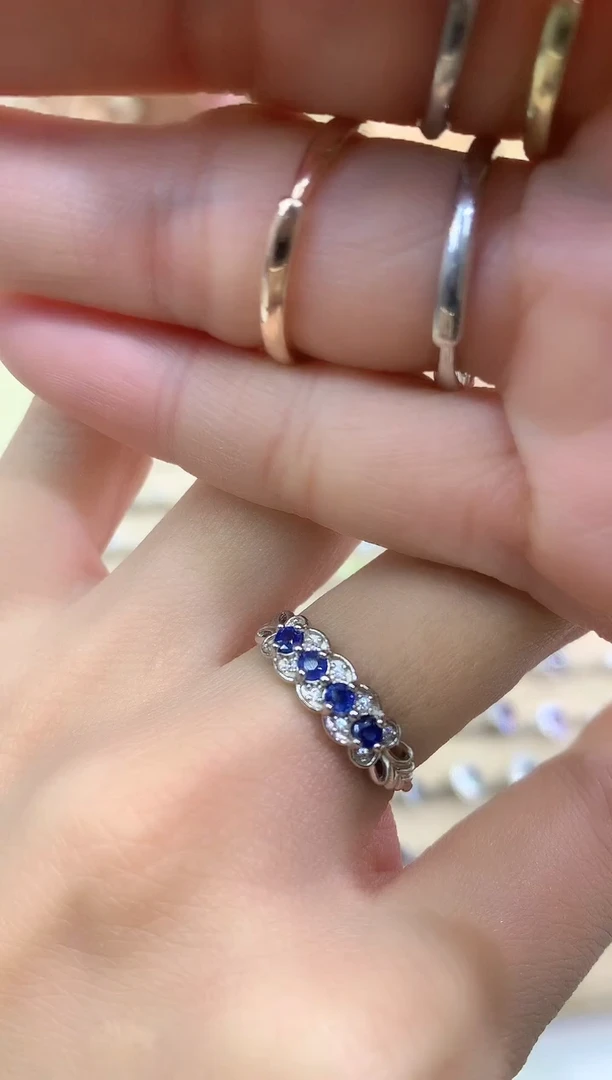 戒指蓝宝石银S925镶嵌排戒