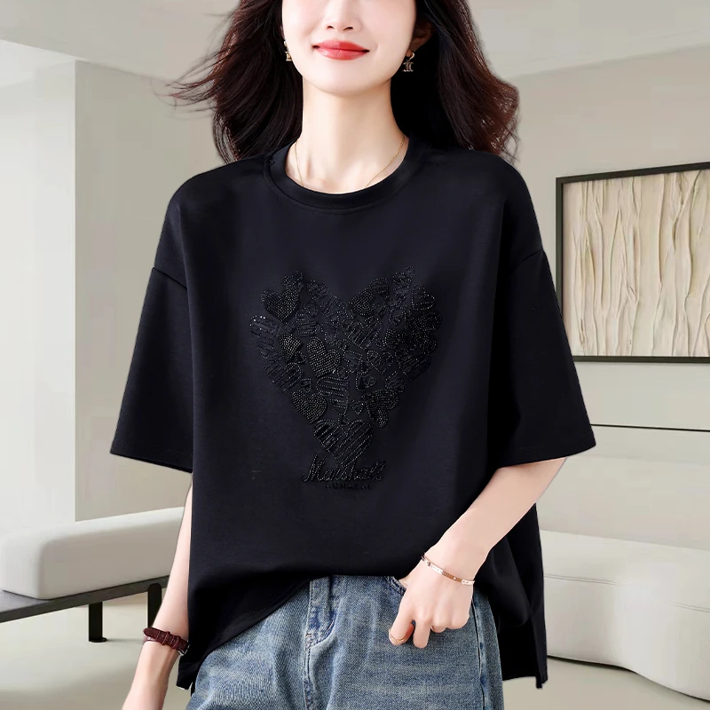 黑色短袖t恤女士2025夏季新款时尚洋气休闲显瘦重工烫钻正肩上衣