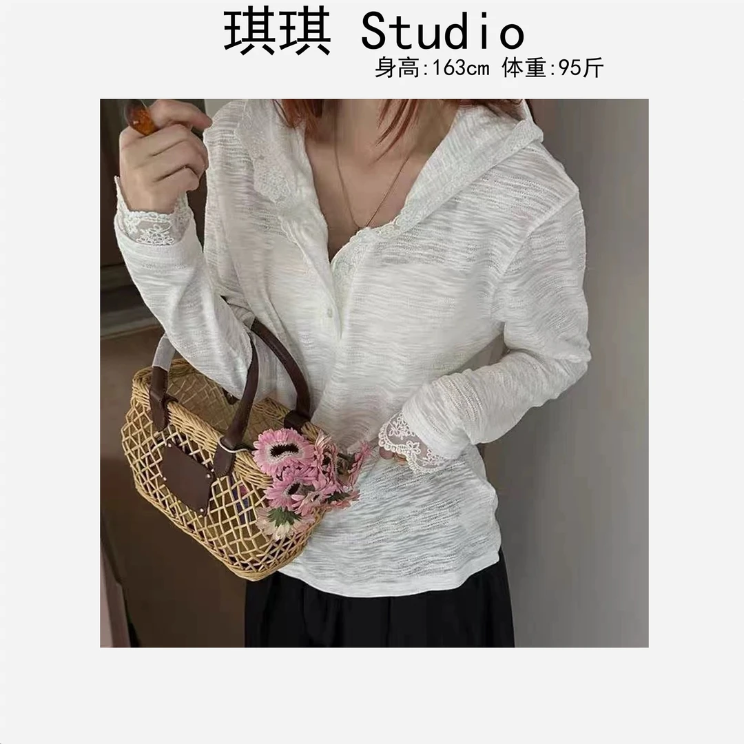 春季新款潮流气质时尚甜美洋气半开扣蕾丝花边显瘦减龄帽衫1081-C