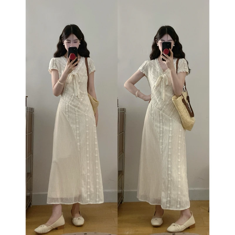 大码【花期如梦】夏季新款温柔蕾丝拼接V领甜美收腰显瘦法式连衣裙