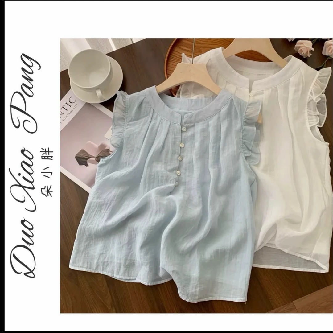 甜美无袖不起球通勤纯色休闲衬衫飞飞袖成人薄款7537