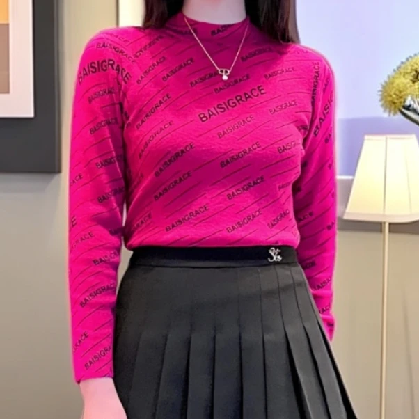 玫红时尚字母半高领极简风长袖烫钻休闲风雪纺衫百搭修身