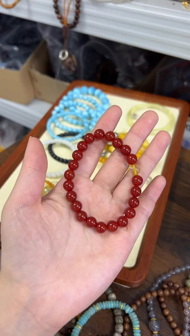 玛瑙/玉髓手链未镶嵌冰透红玛瑙黄晶圆珠手链[2475]