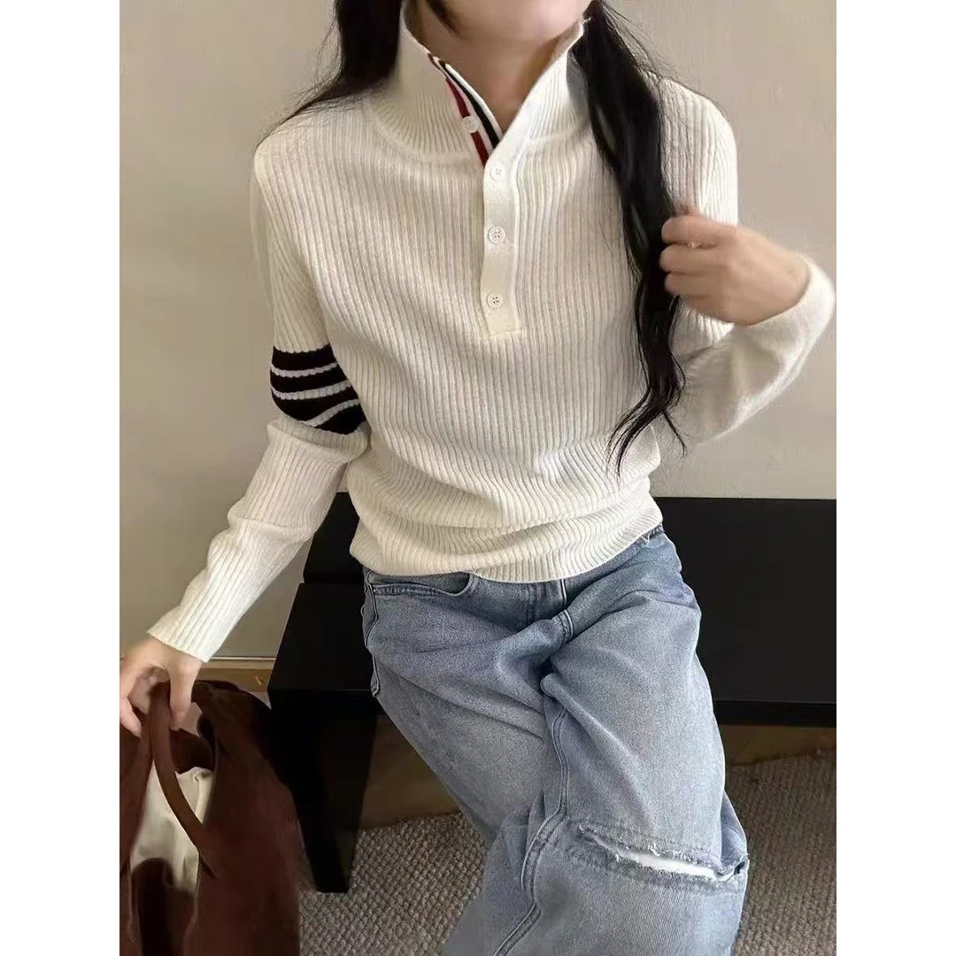 【小猪姐姐】2025早春新款-小众设计感 撞色长袖立领针织衫