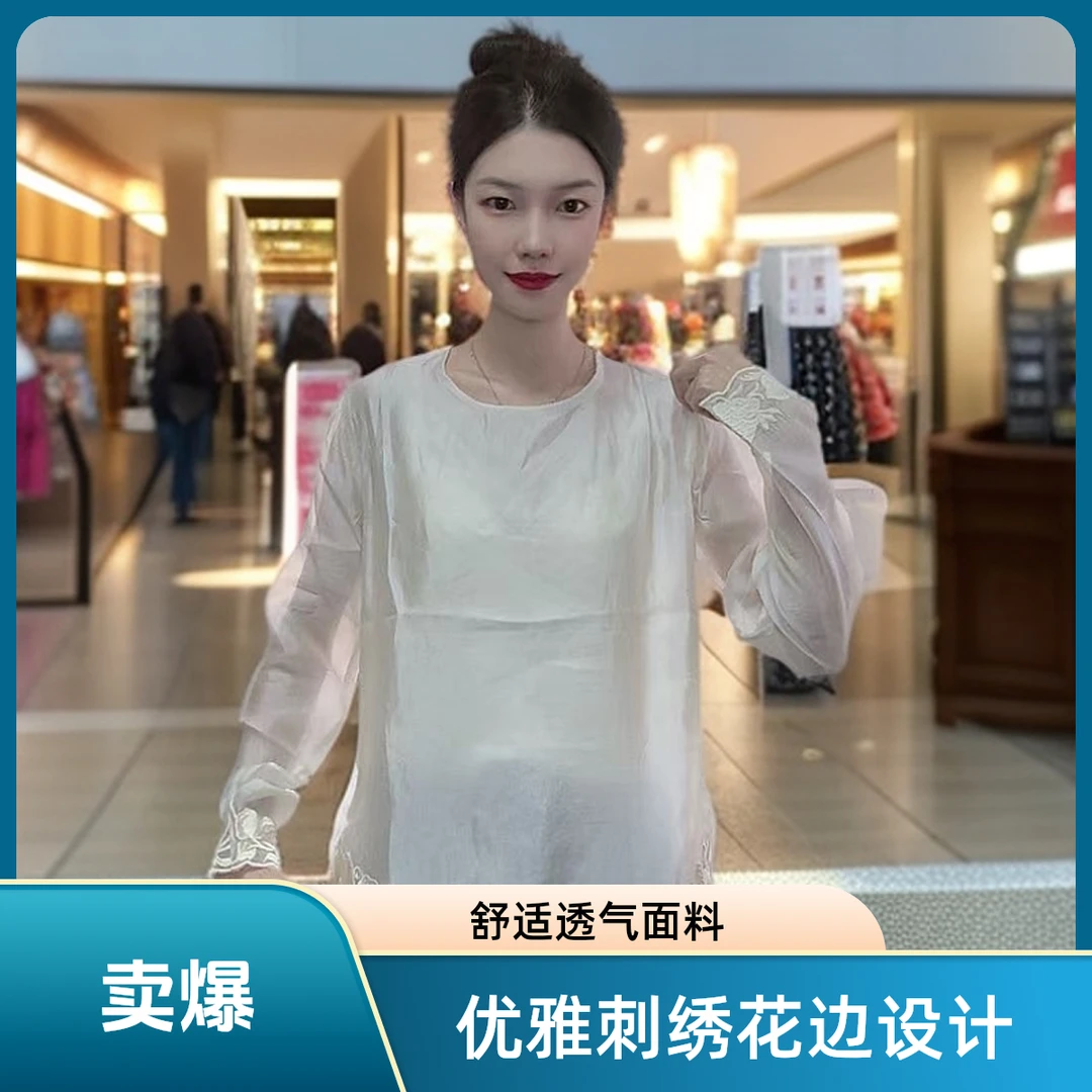 1063小雪+2025新款刺绣长袖圆领衫气质时尚休闲百搭宽松显瘦内搭