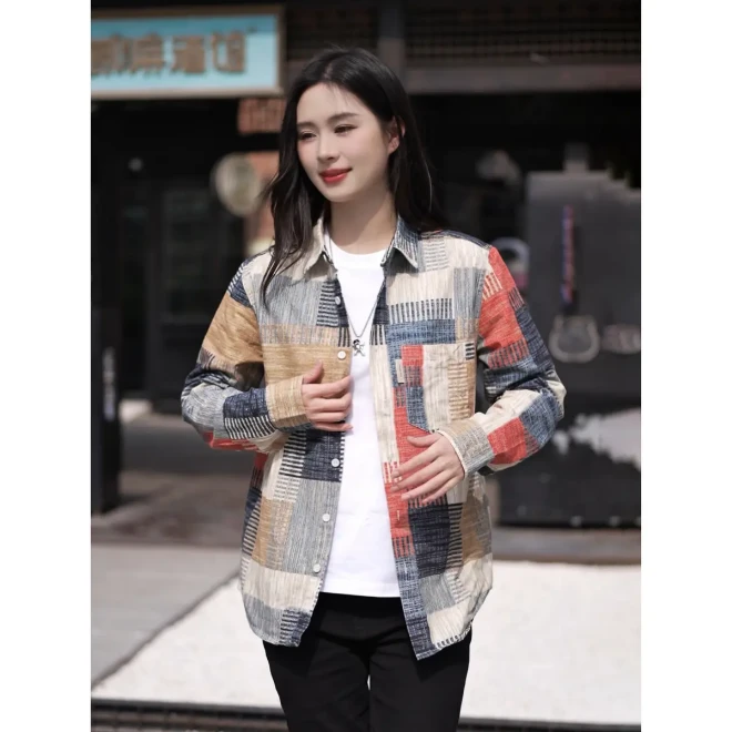 纯棉日系时尚印花长袖衬衫男士潮流文艺休闲宽松外穿上衣男装7592