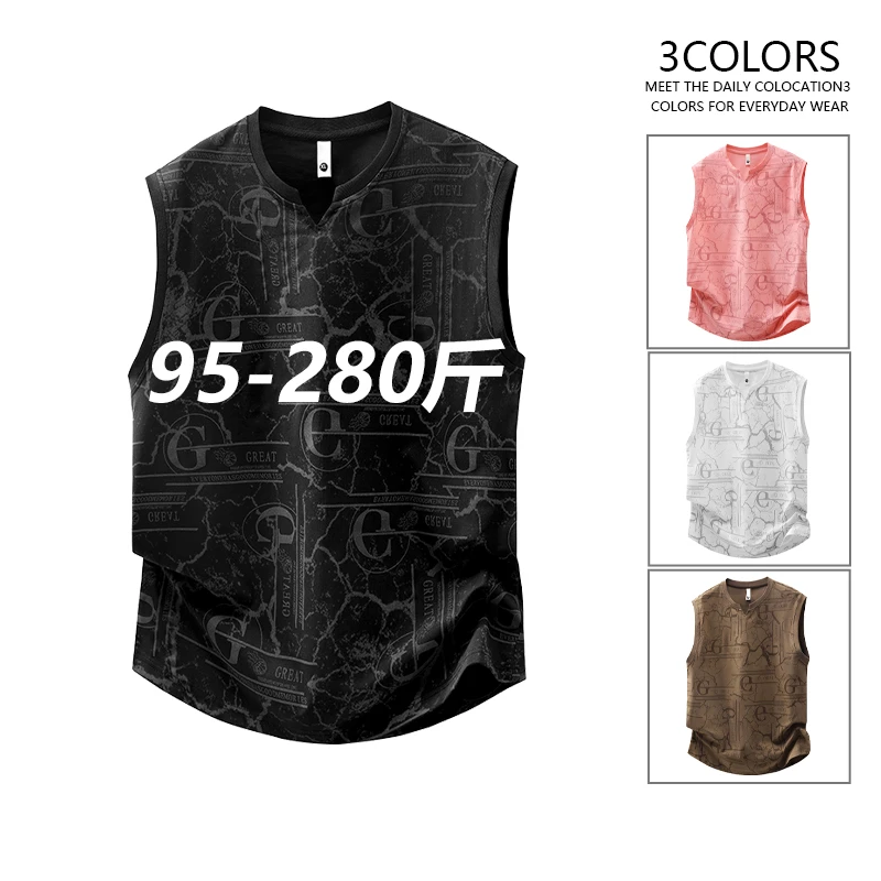 夏季轻薄透气背心男士大码显瘦小v领无袖T恤休闲运动时尚满印坎肩